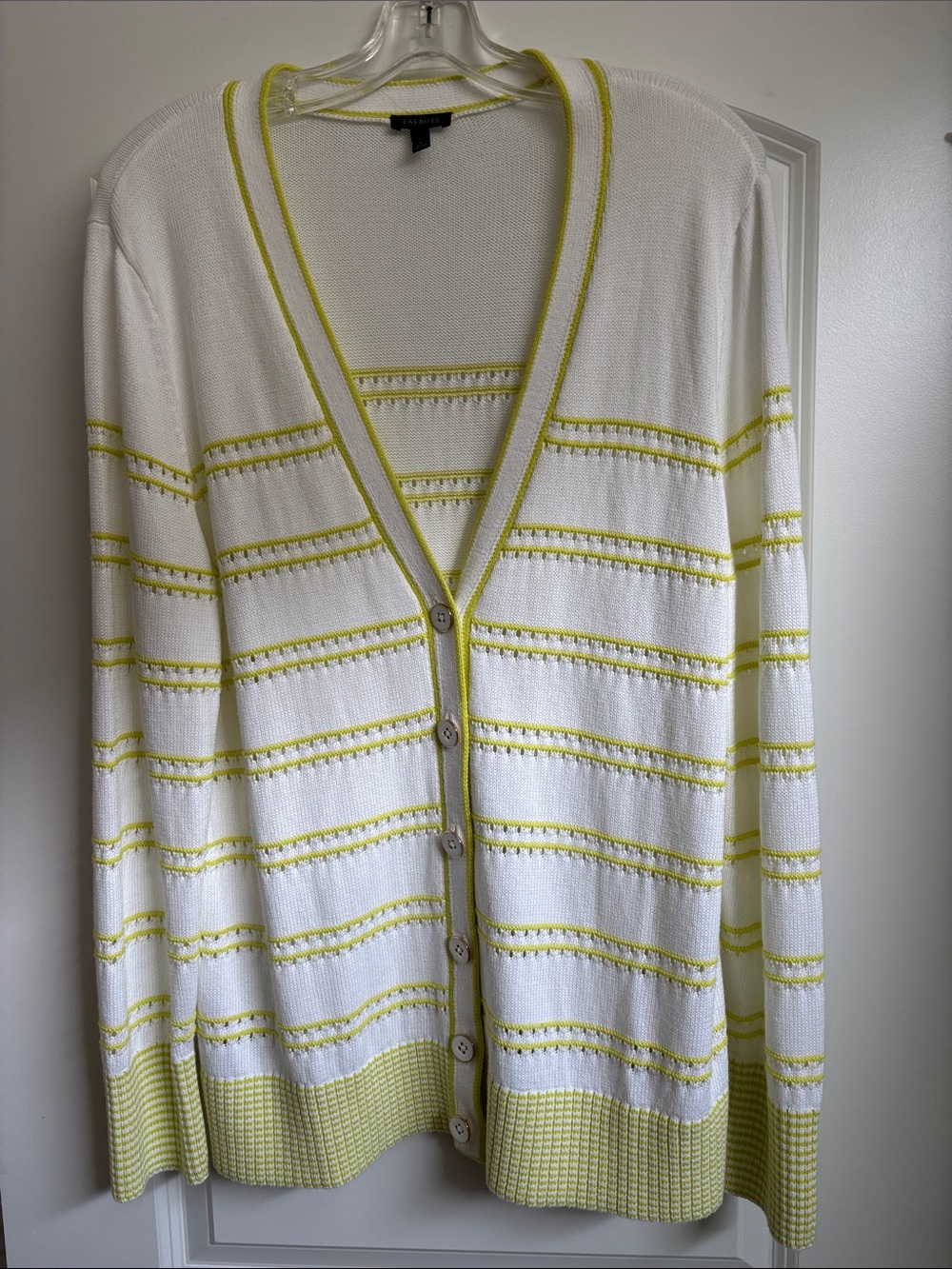 Talbots White Cardigan with Lemon-Striped Detail